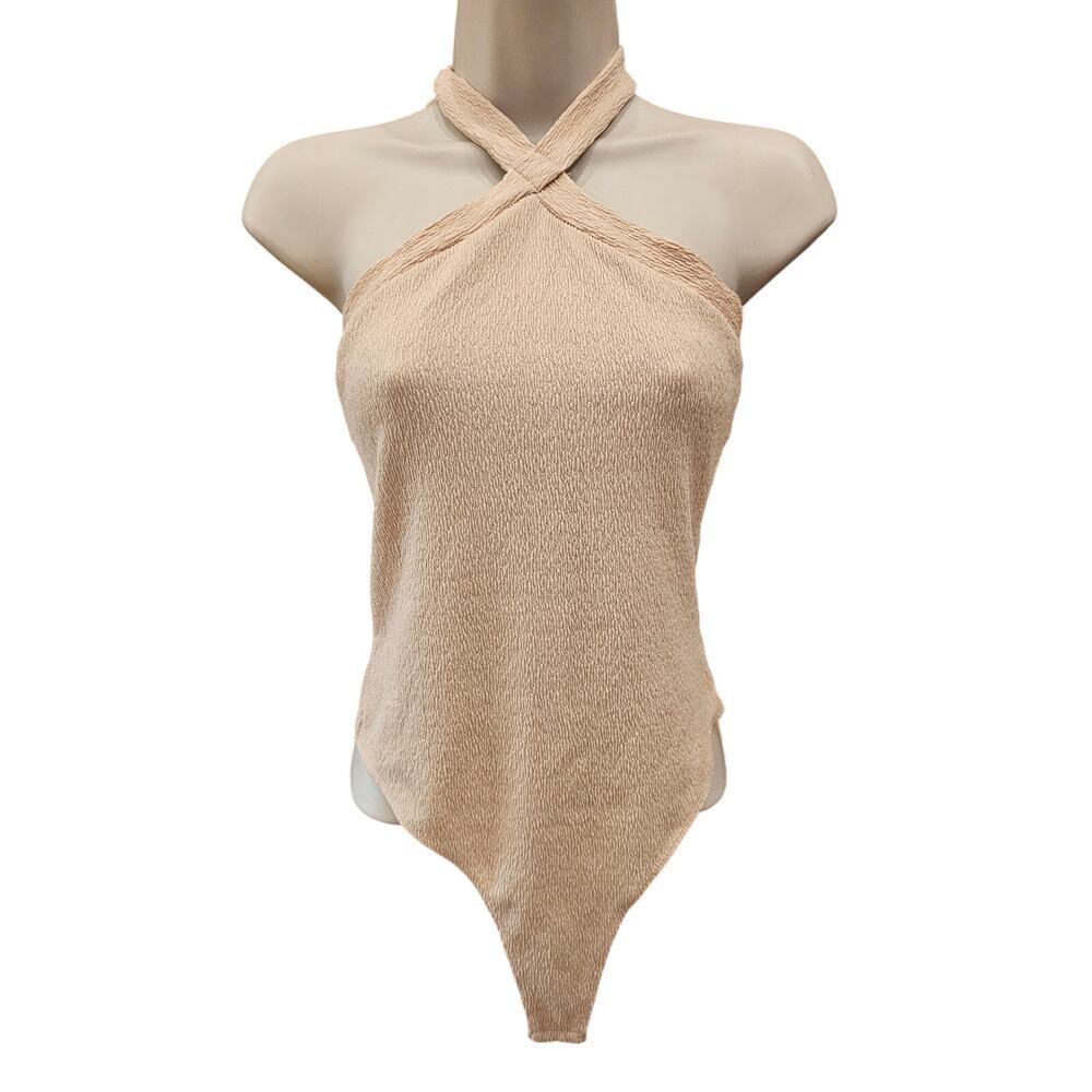 Forever 21 strappy lace up stretch halter top neutral beige rippled bodysuit M